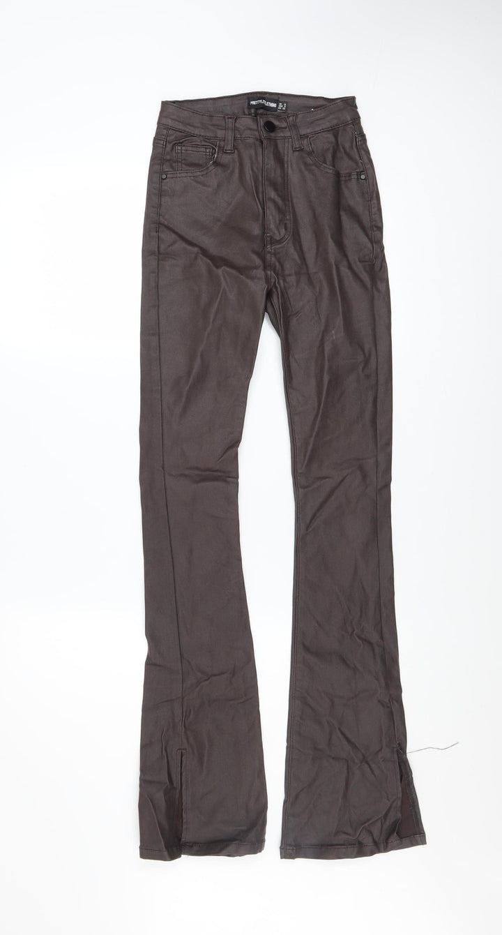 PrettyLittleThing Womens Brown Faux Leather Flared Trousers UK 4 Slim Fit