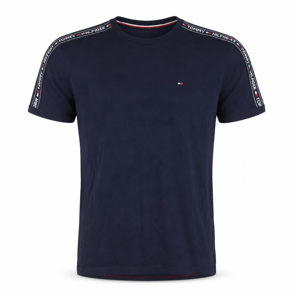Front view of Tommy Hilfiger Men’s Blue Logo Tape Short Sleeve Polo M