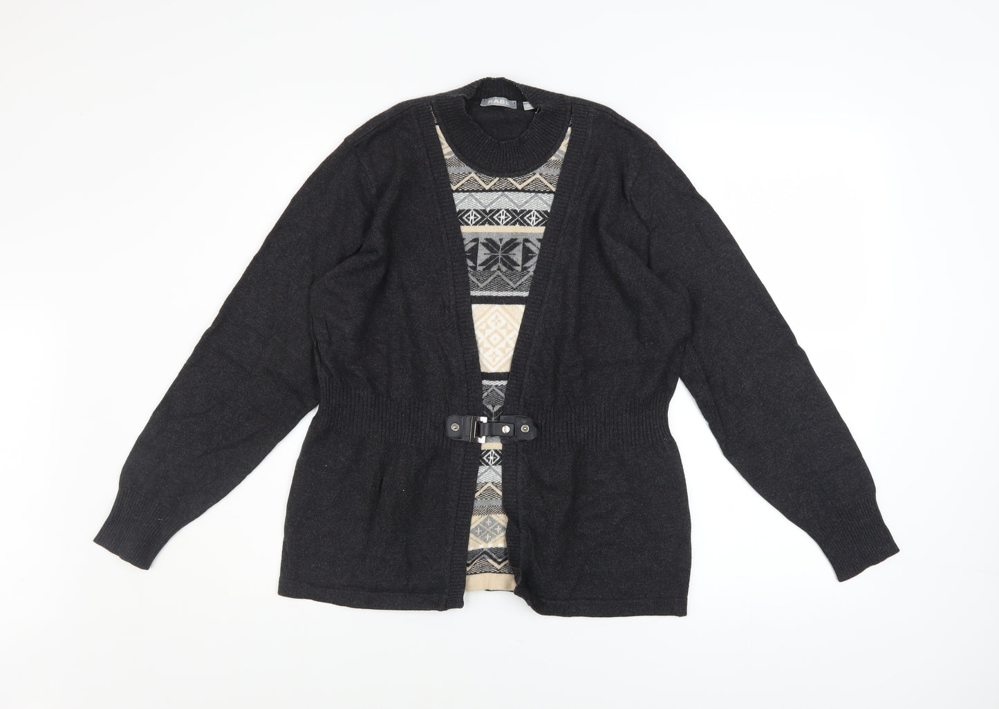 Rabe Womens Black Geometric Belted Cardigan Size 12