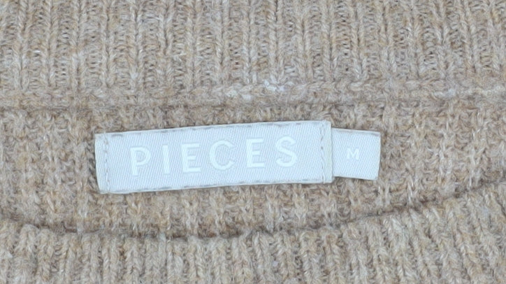 Pieces Women’s Beige Crew Neck Rib Knit Pullover Jumper Size M