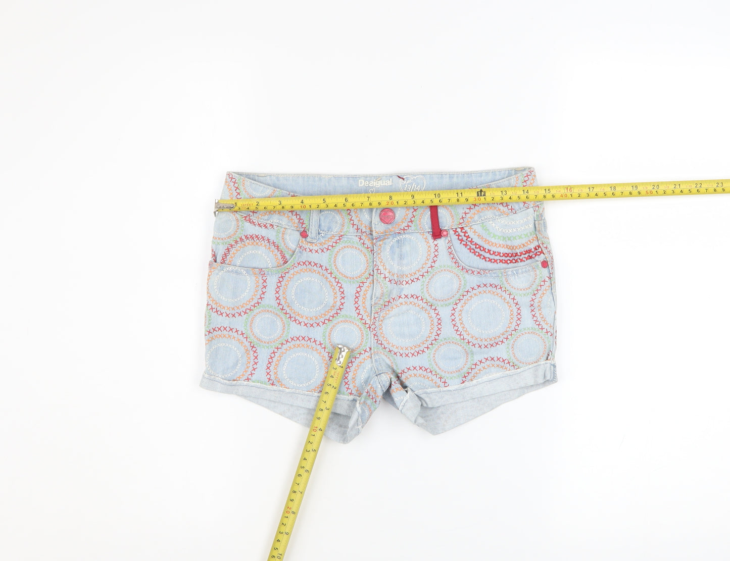 Desigual Girls Blue Geometric Denim Hot Pants Shorts 13-14 Years
