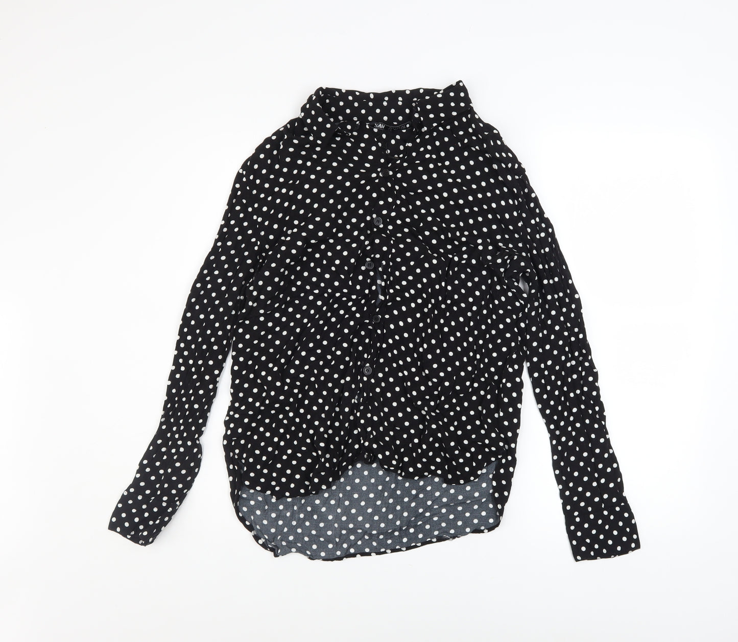 Zara Women Black Polka Dot Button-Up Long Sleeve Shirt Size L