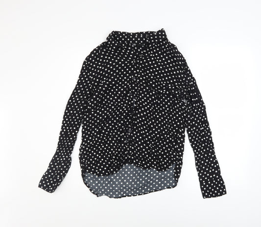 Zara Women Black Polka Dot Button-Up Long Sleeve Shirt Size L