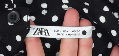 Zara Women Black Polka Dot Button-Up Long Sleeve Shirt Size L