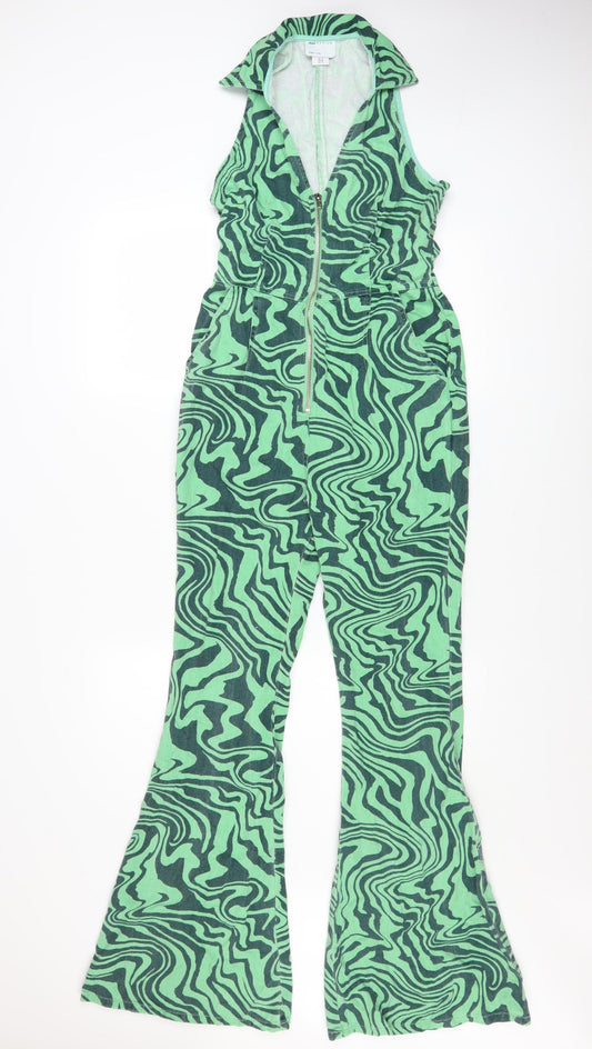 ASOS DESIGN Women's Green Flared Zip Jumpsuit UK 6 100% Cotton