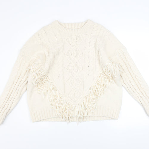 Primark Womens Ivory Cable Knit Fringe Pullover Jumper Size L