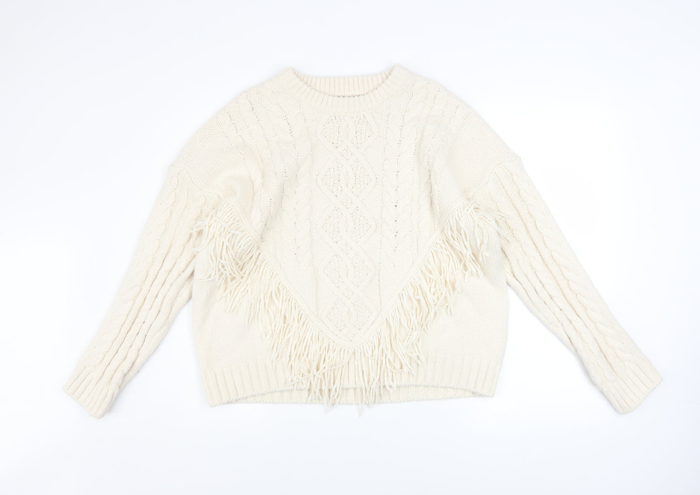 Primark Womens Ivory Cable Knit Fringe Pullover Jumper Size L