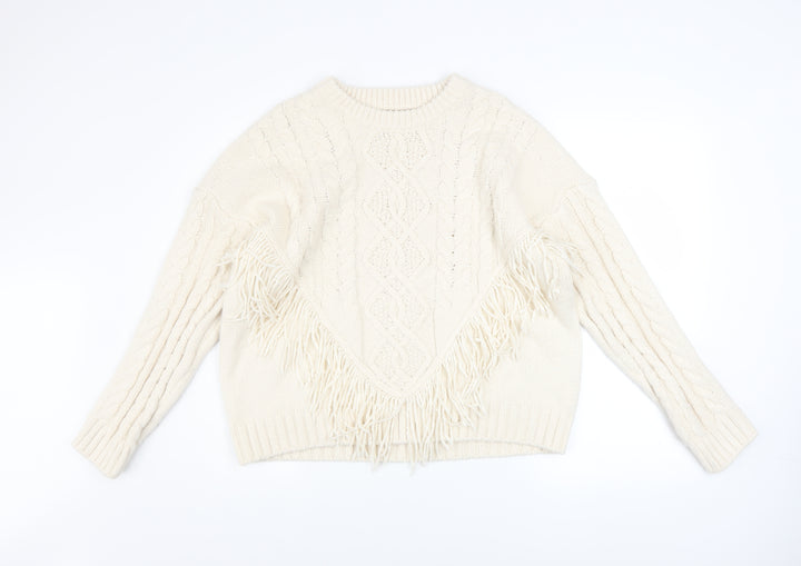 Primark Womens Ivory Cable Knit Fringe Pullover Jumper Size L