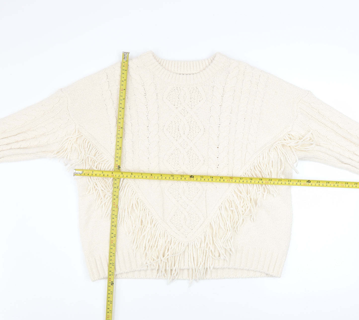 Primark Womens Ivory Cable Knit Fringe Pullover Jumper Size L