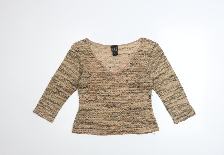 I.N.C Women's Beige Lace V-Neck 3/4 Sleeve Stretch Blouse M