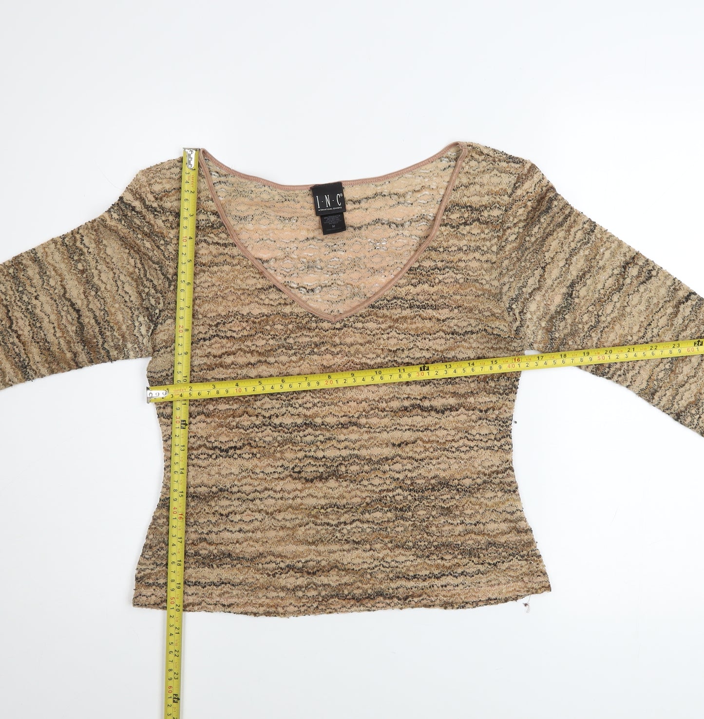 I.N.C Women's Beige Lace V-Neck 3/4 Sleeve Stretch Blouse M