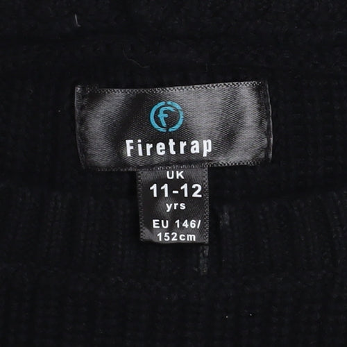 Firetrap Boys Black Cotton Army Style Jumper 11-12 Years Long Sleeve
