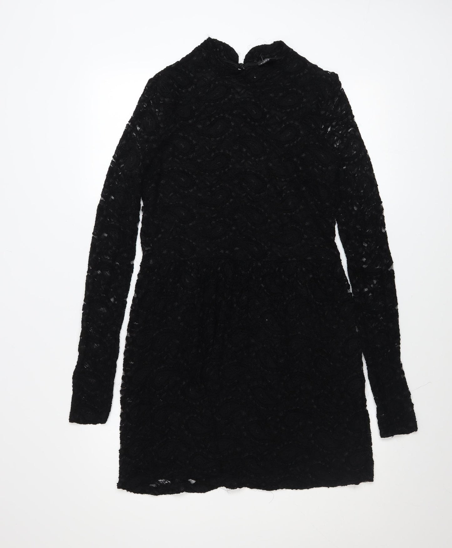 Topshop Women’s Black Lace Long Sleeve Bodycon Short Dress UK 12