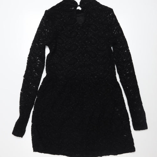 Topshop Women’s Black Lace Long Sleeve Bodycon Short Dress UK 12