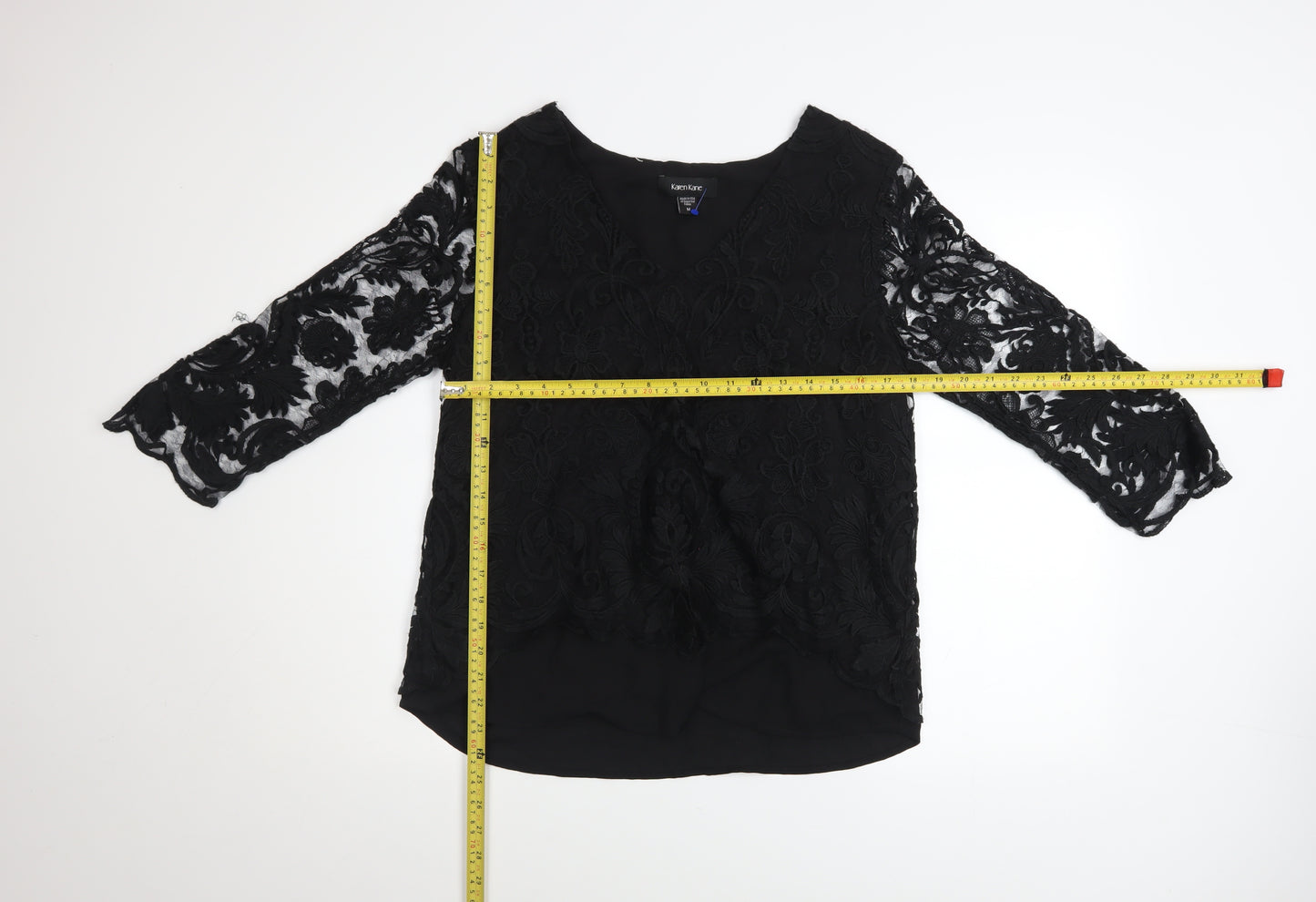 Karen Kane Women’s Black Lace Tunic Blouse M 3/4 Sleeve V-Neck