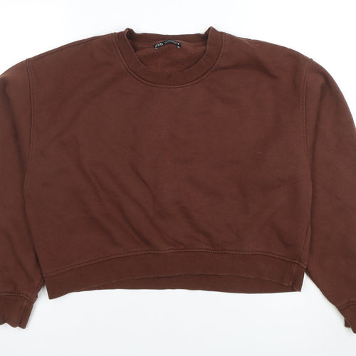Zara Women Brown Cotton Blend Pullover Sweatshirt L Relaxed Fit