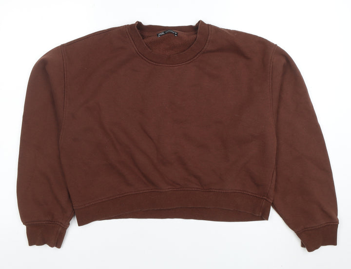 Zara Women Brown Cotton Blend Pullover Sweatshirt L Relaxed Fit