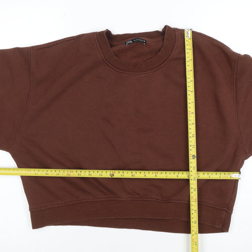 Zara Women Brown Cotton Blend Pullover Sweatshirt L Relaxed Fit