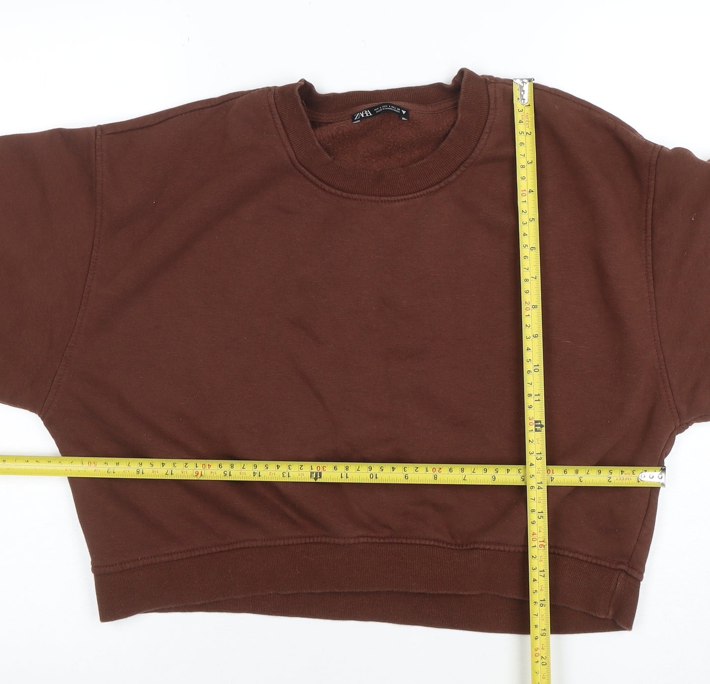 Zara Women Brown Cotton Blend Pullover Sweatshirt L Relaxed Fit