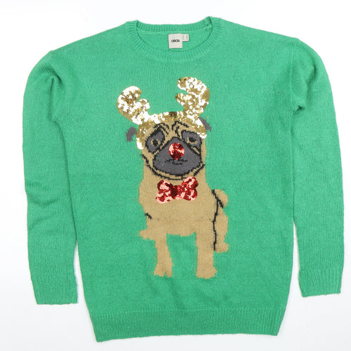 ASOS Women’s Green Sequin Pug Christmas Knit Jumper Size 8