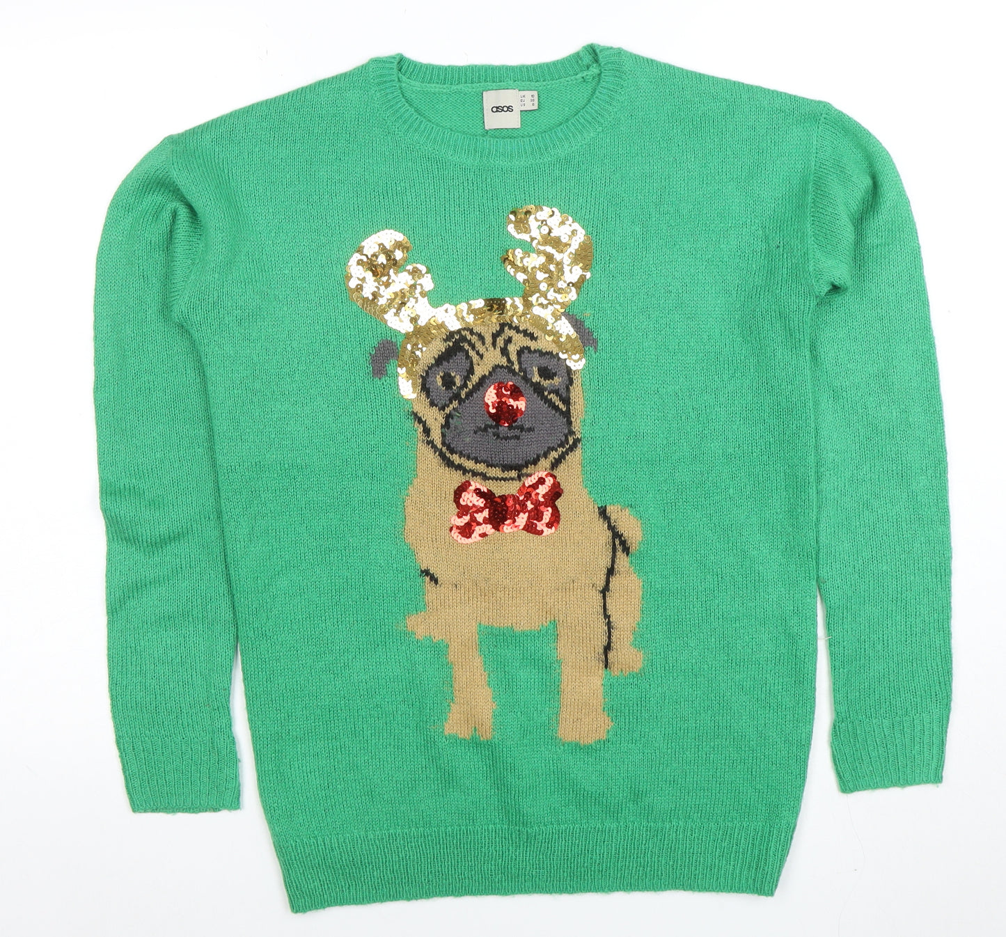 ASOS Women’s Green Sequin Pug Christmas Knit Jumper Size 8