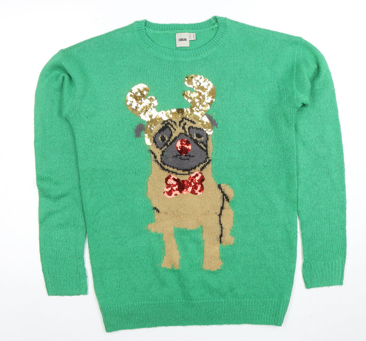 ASOS Women’s Green Sequin Pug Christmas Knit Jumper Size 8