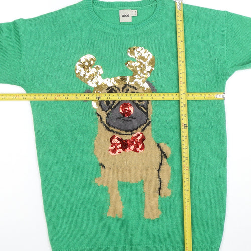ASOS Women’s Green Sequin Pug Christmas Knit Jumper Size 8