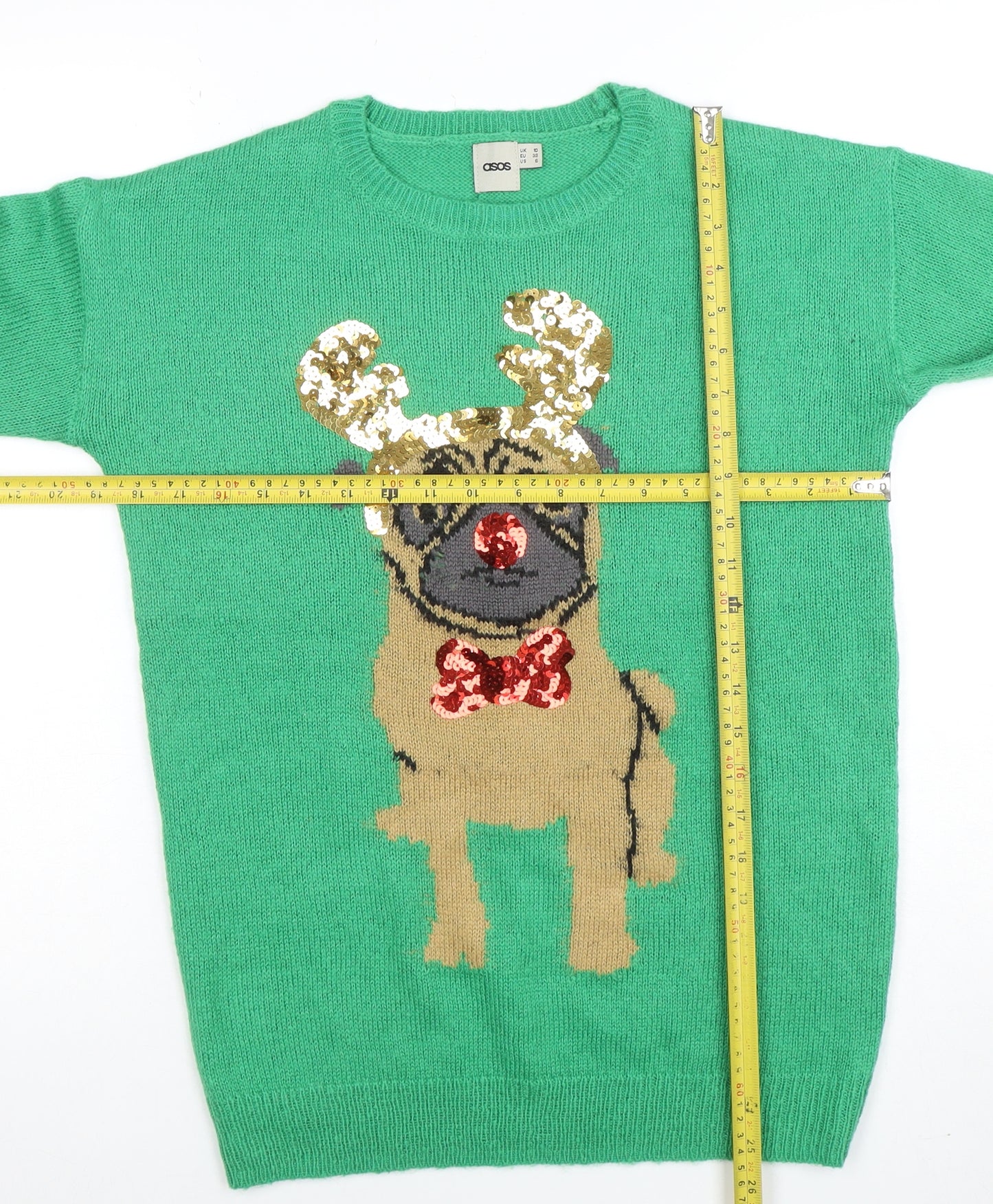 ASOS Women’s Green Sequin Pug Christmas Knit Jumper Size 8
