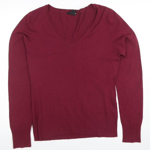 H&M Women's Red V-Neck Long Sleeve Cotton Knit Jumper Size L