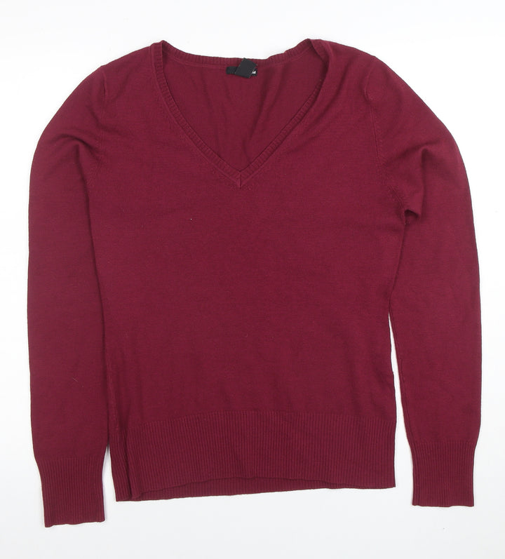 H&M Women's Red V-Neck Long Sleeve Cotton Knit Jumper Size L