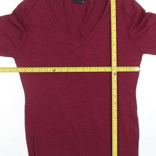 H&M Women's Red V-Neck Long Sleeve Cotton Knit Jumper Size L