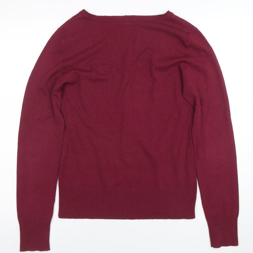 H&M Women's Red V-Neck Long Sleeve Cotton Knit Jumper Size L