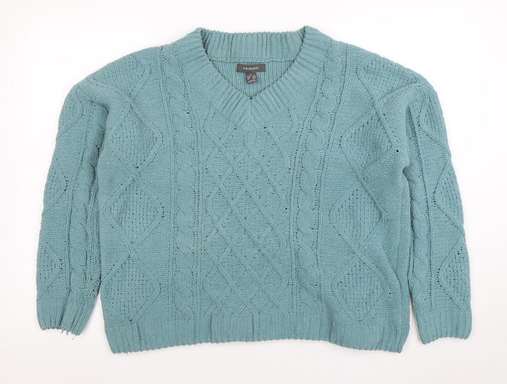 Primark Women’s Green Cable-Knit V-Neck Pullover Jumper L