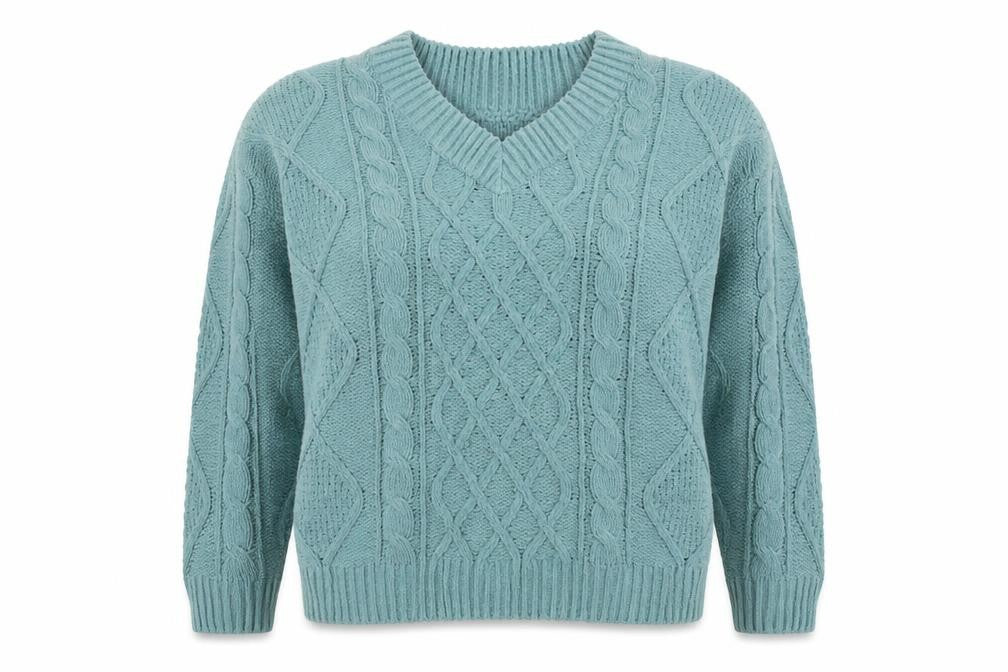 Front view of Primark Women’s Green Cable-Knit V-Neck jumper L