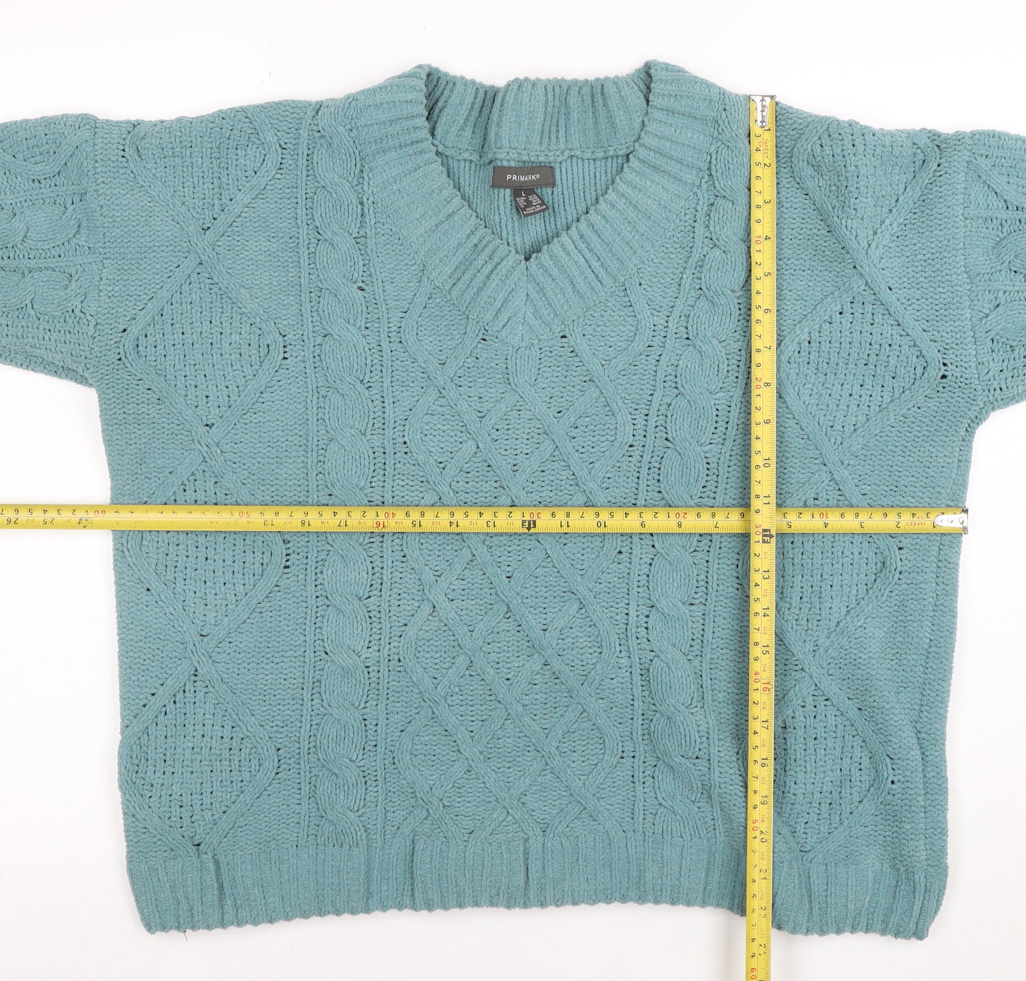 Primark Women’s Green Cable-Knit V-Neck Pullover Jumper L