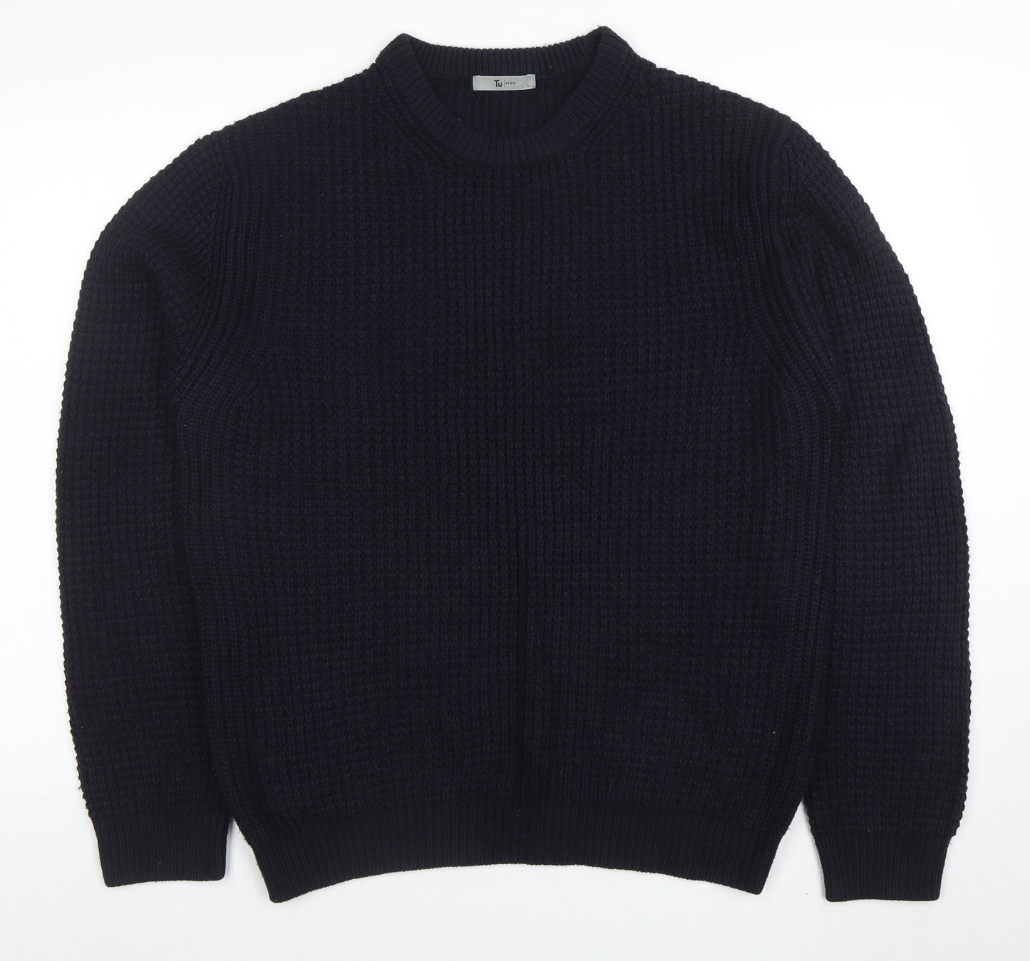Tu Men Black Waffle-Knit Acrylic Crew Neck Jumper Size L