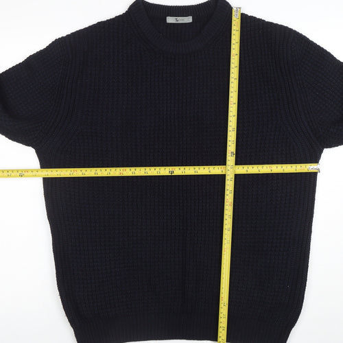 Tu Men Black Waffle-Knit Acrylic Crew Neck Jumper Size L
