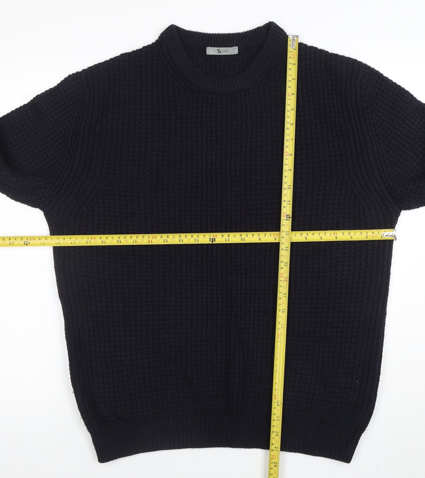 Tu Men Black Waffle-Knit Acrylic Crew Neck Jumper Size L