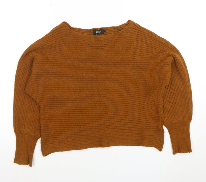 ONLY Women’s Brown Ribbed Boat Neck Long Sleeve Jumper Size L