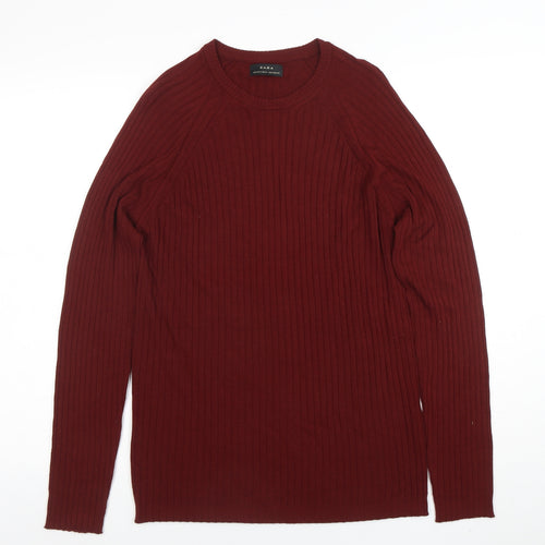 ZARA Women Red Wool Crew Neck Ribbed Knit Jumper Size M