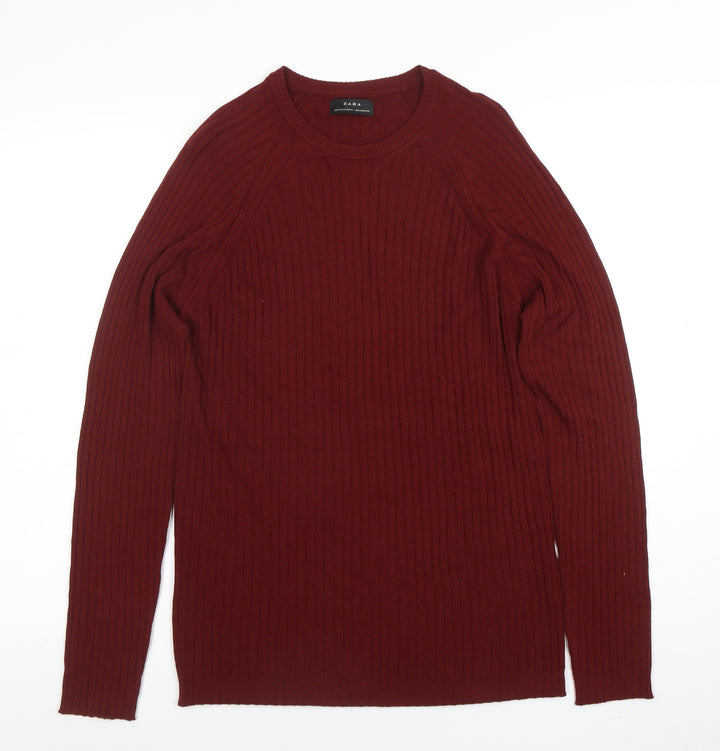 ZARA Women Red Wool Crew Neck Ribbed Knit Jumper Size M