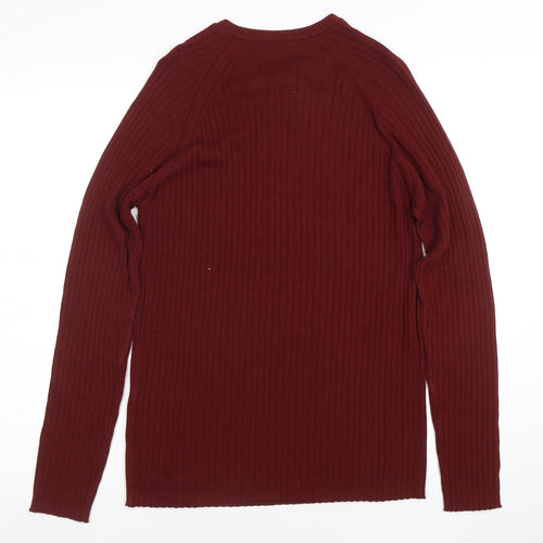 ZARA Women Red Wool Crew Neck Ribbed Knit Jumper Size M