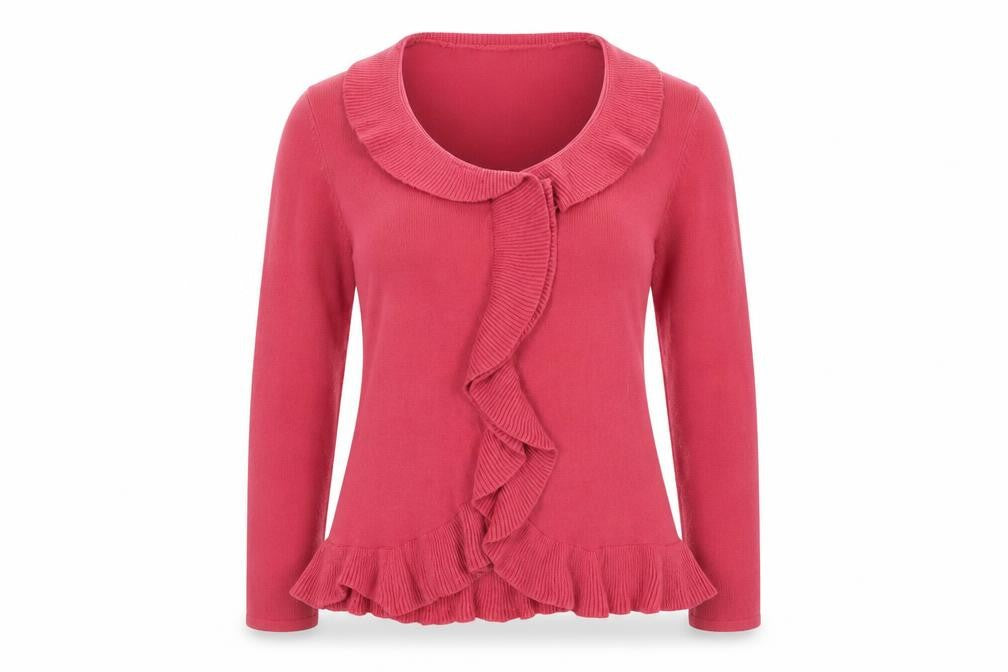 Front view of Classics Women’s Pink Ruffle Front Acrylic Knit Cardigan, size UK 12