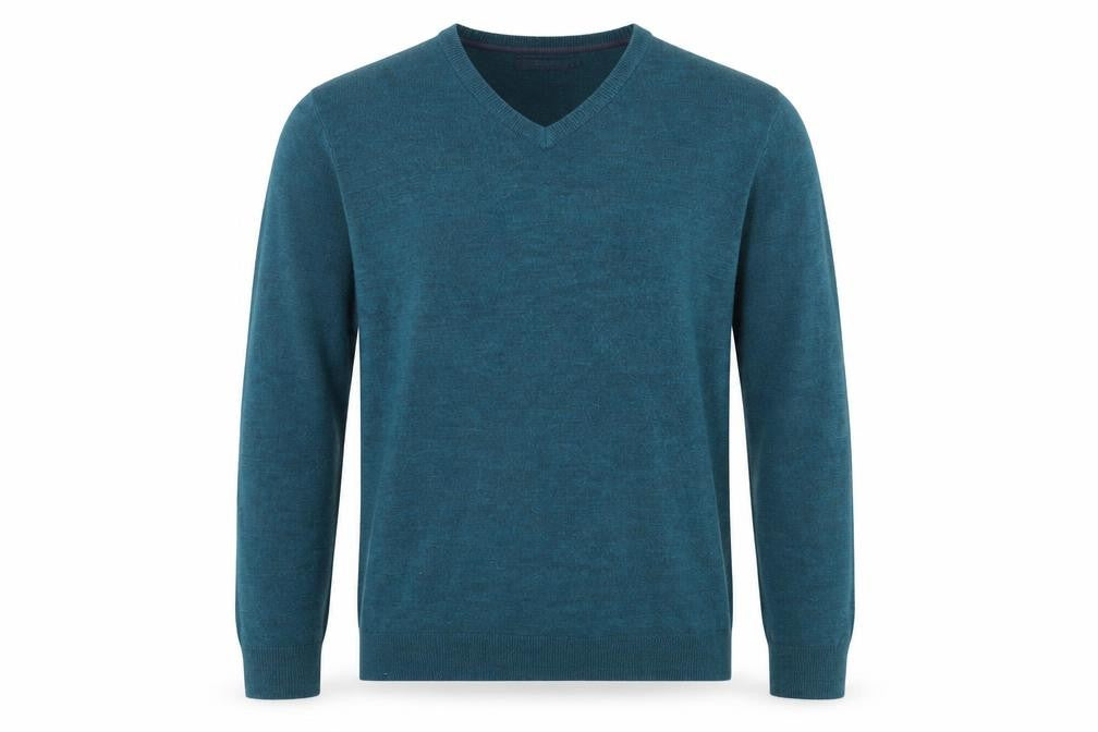 Front view of Atlantic Bay Men's Blue V-Neck Acrylic Jumper, size L
