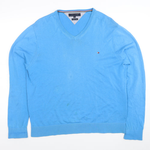 Tommy Hilfiger Men Blue XL V-Neck Cotton Pullover Jumper
