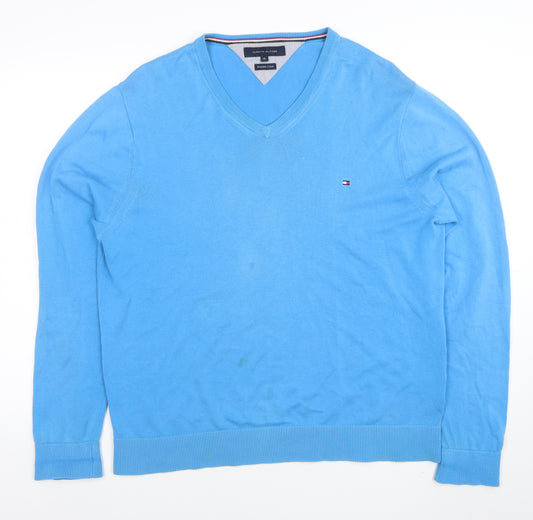 Tommy Hilfiger Men Blue XL V-Neck Cotton Pullover Jumper