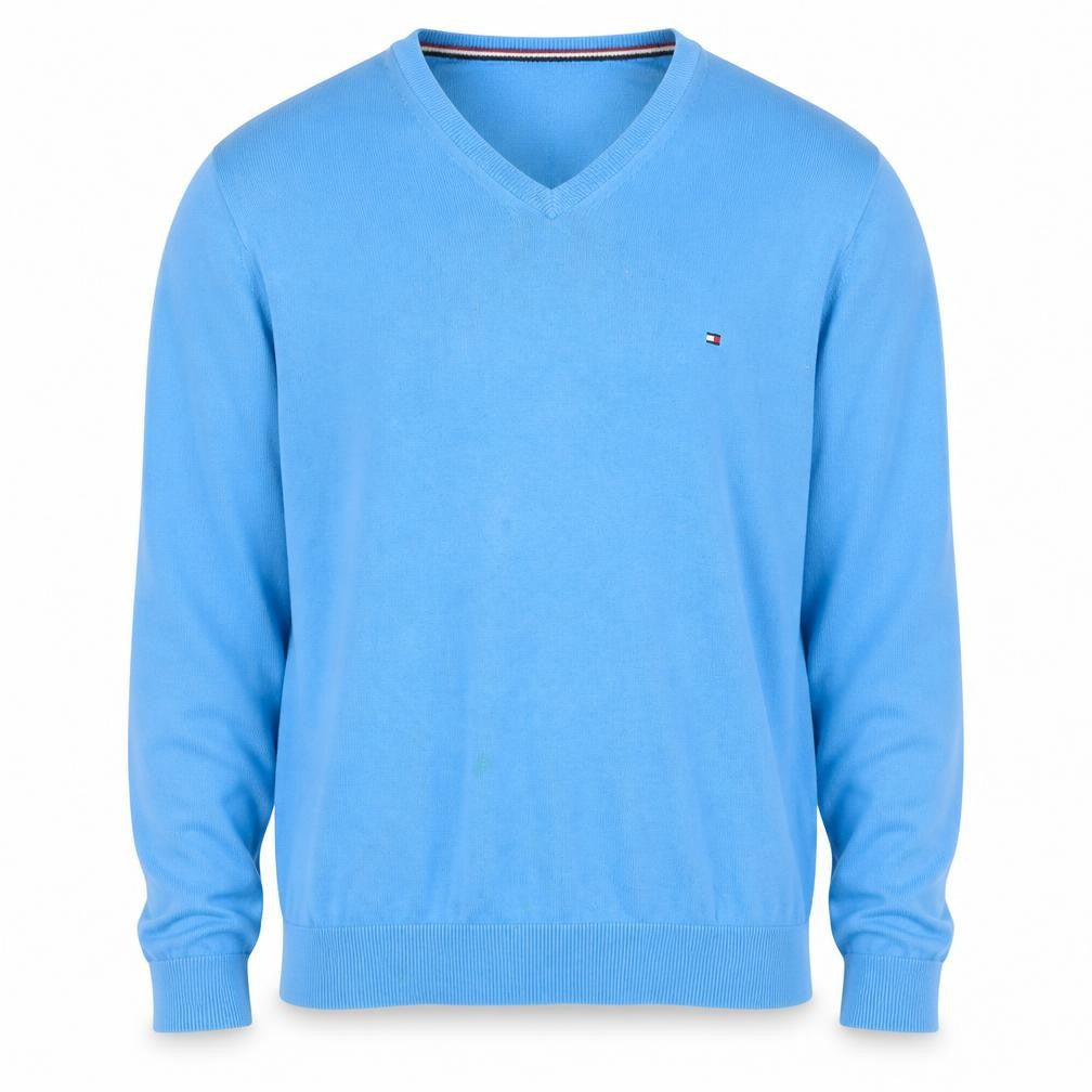 Front view of Tommy Hilfiger Men Blue XL V-Neck Cotton jumper