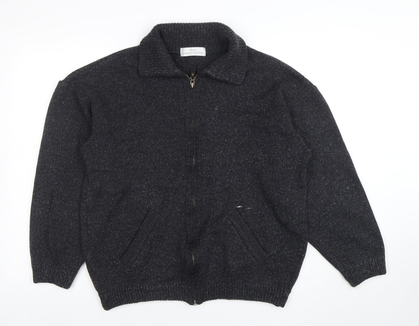 Marks and Spencer Men's Grey Wool Blend Full Zip Collared Jumper L