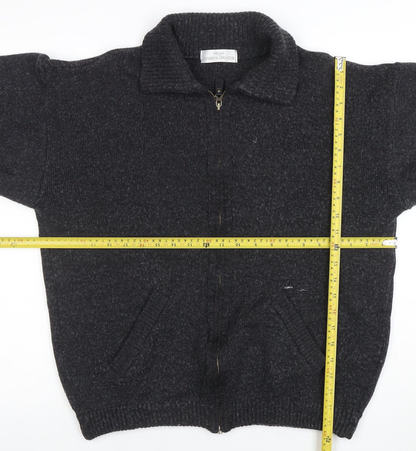 Marks and Spencer Men's Grey Wool Blend Full Zip Collared Jumper L