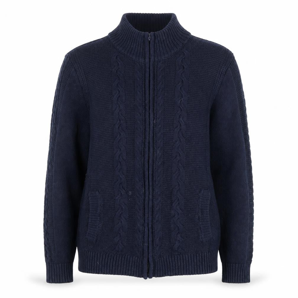 Front view of ISLE Essentials Women's Blue Full Zip Cotton Cardigan M